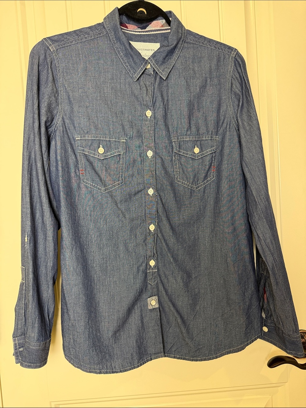 Denver Hayes Vintage Womens L Chambray Denim Shirt Roll Tab Snap Lightweight - Picture 2 of 13